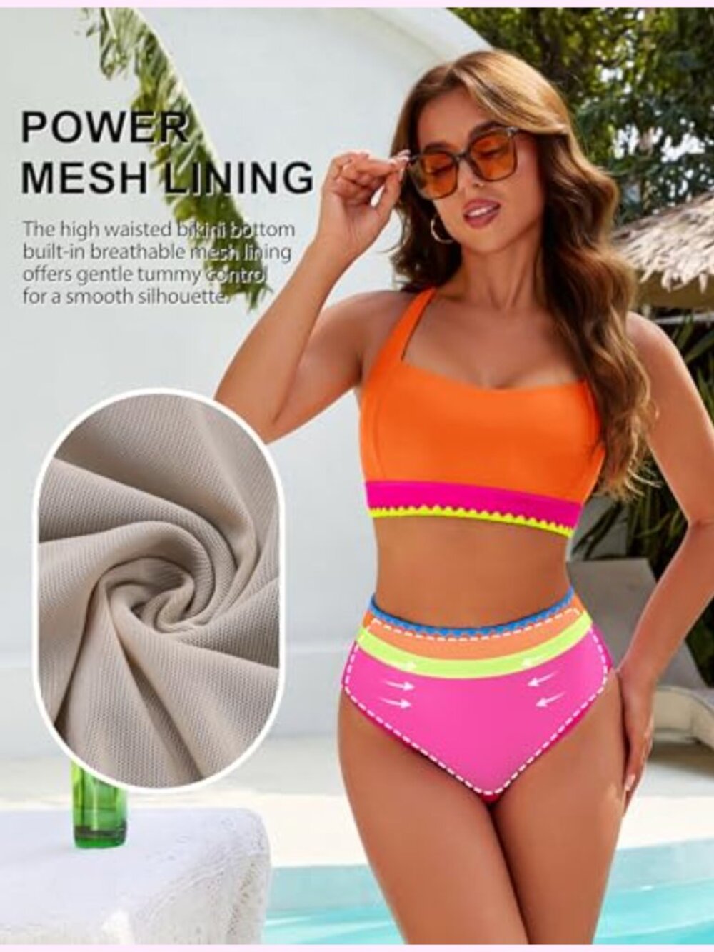 High Waisted Bikini Set with Tummy Control Modest Swim Retro Sporty Color Block - Picture 3 of 6